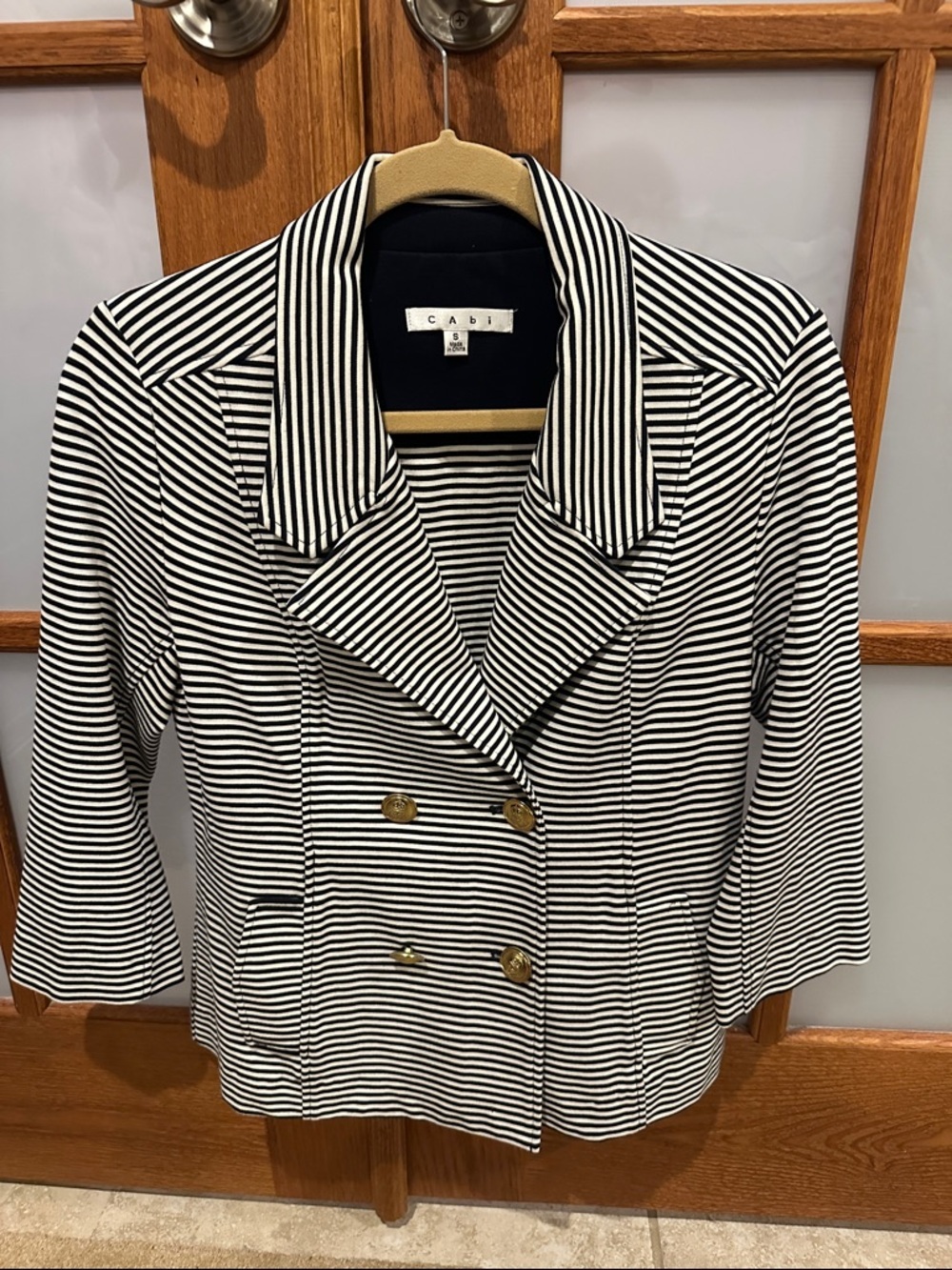 CAbi Navy and White Striped Blazer with Gold Buttons​